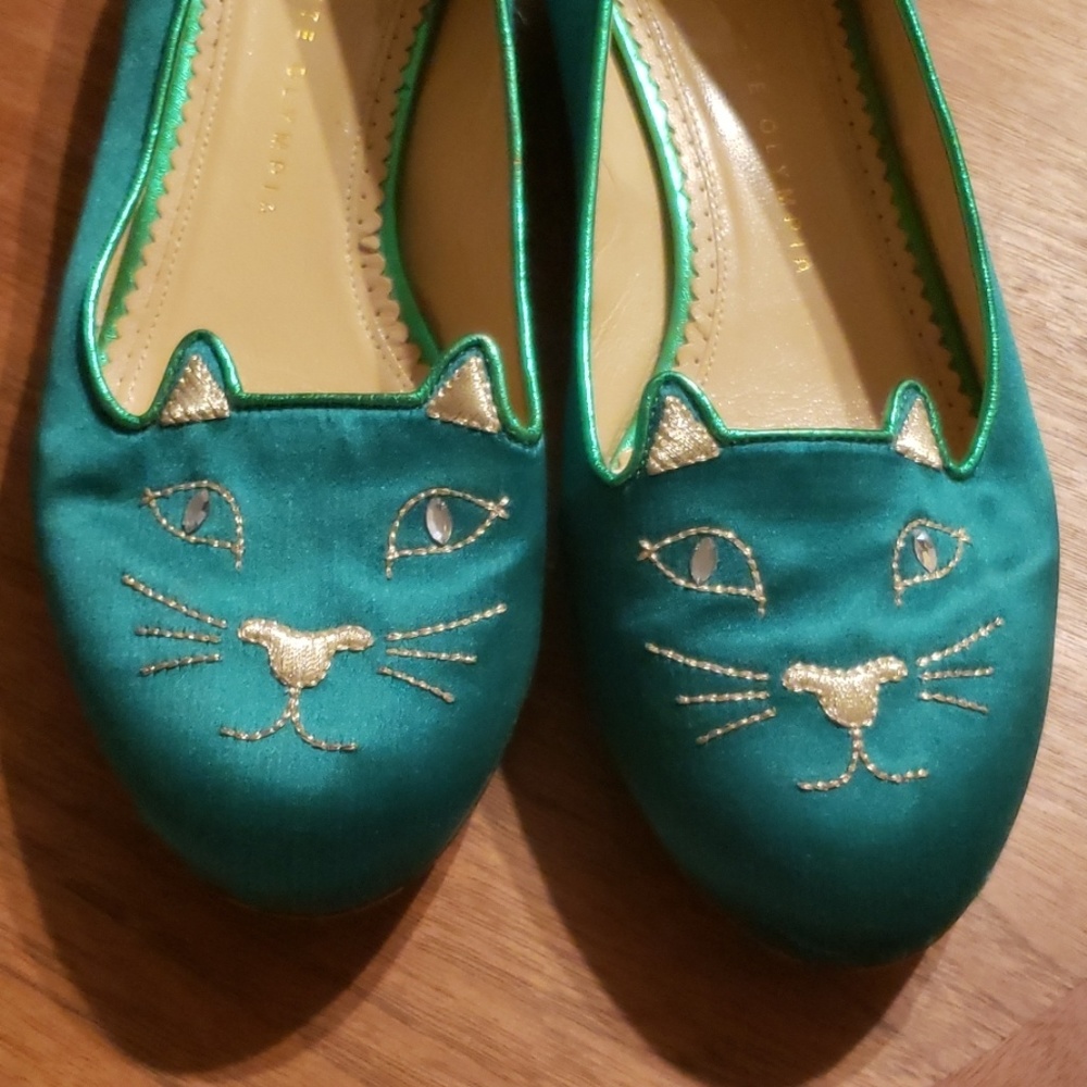Charlotte Olympia Satin Green Kitty Flat Shoes